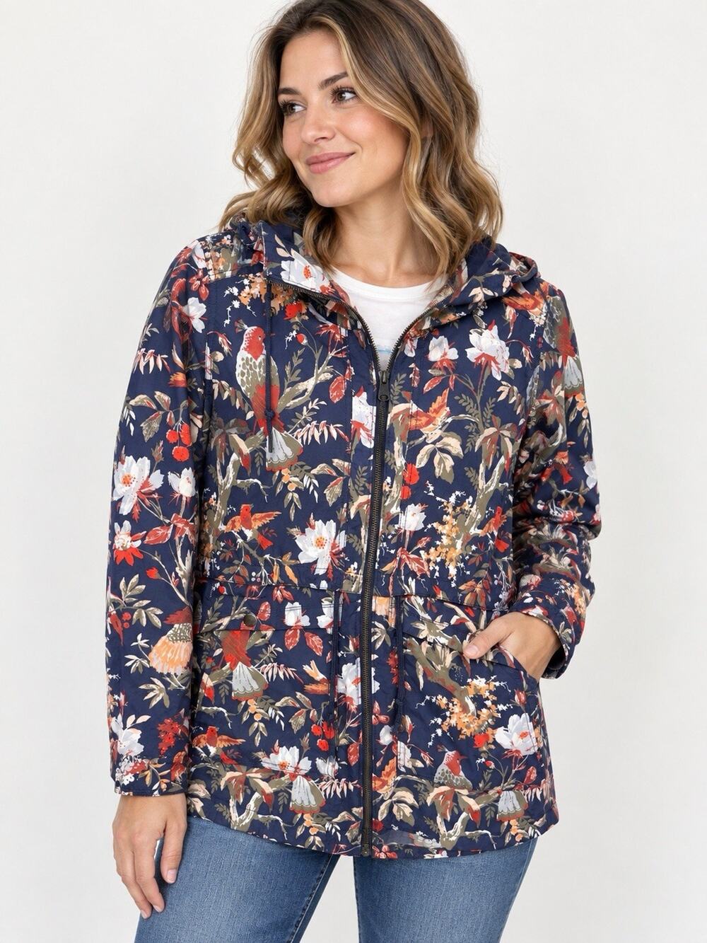 Columbia Womens Medium Floral Bird Print Hooded Jacket Full Zip Fall Lightweight